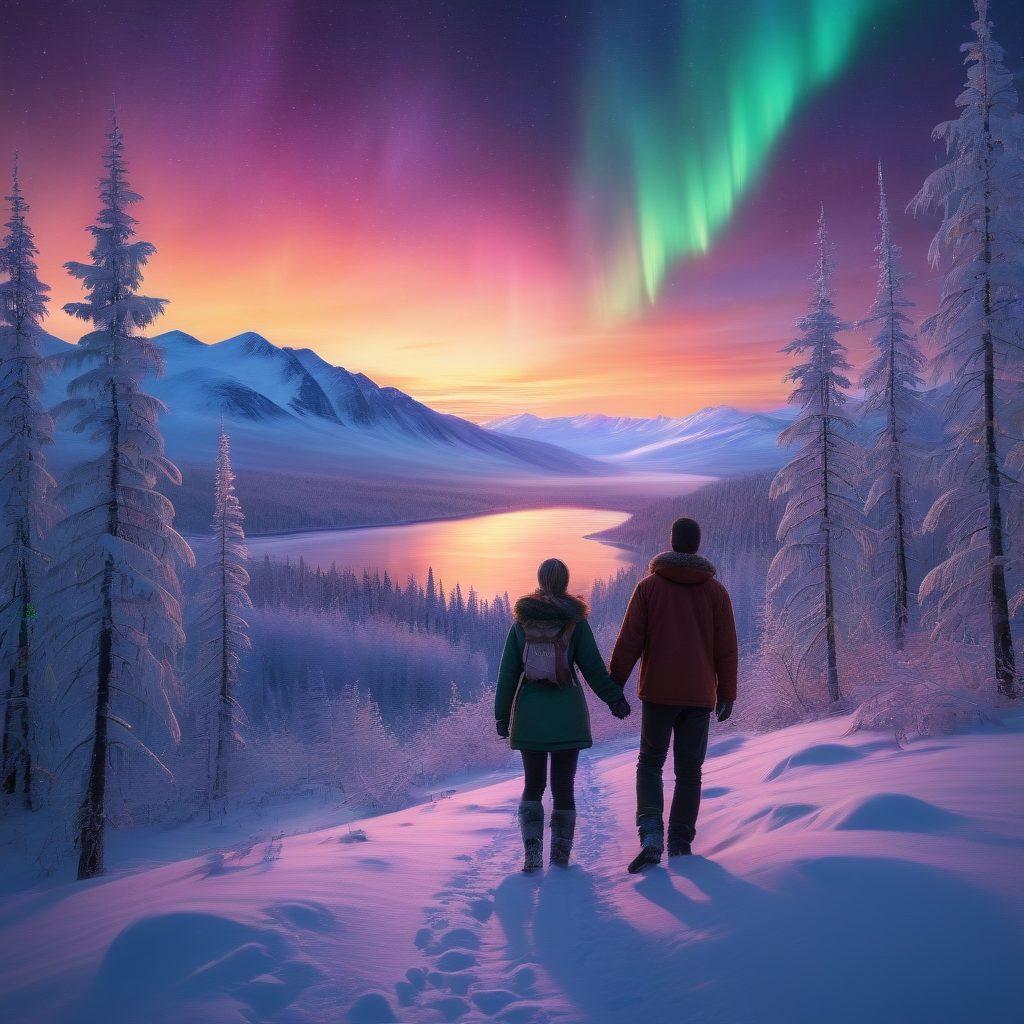 A vast, snowy Alaskan landscape bathed in the soft glow of a setting sun, with the Northern Lights gently shimmering in the sky. A couple, warmly dressed, stands hand-in-hand atop a hill, gazing at the breathtaking view. A path winding through the snow symbolizes their journey together, surrounded by serene, frost-covered trees. vibrant colors. super-realistic. romantic atmosphere.