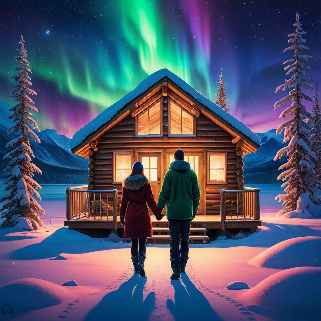A couple in warm winter clothing, holding hands by a picturesque Alaskan snow-covered landscape, Northern Lights illuminating the night sky with vibrant colors. A cozy wooden cabin with soft light glowing from the windows in the background. Vector art. Vibrant colors. Romantic ambiance.