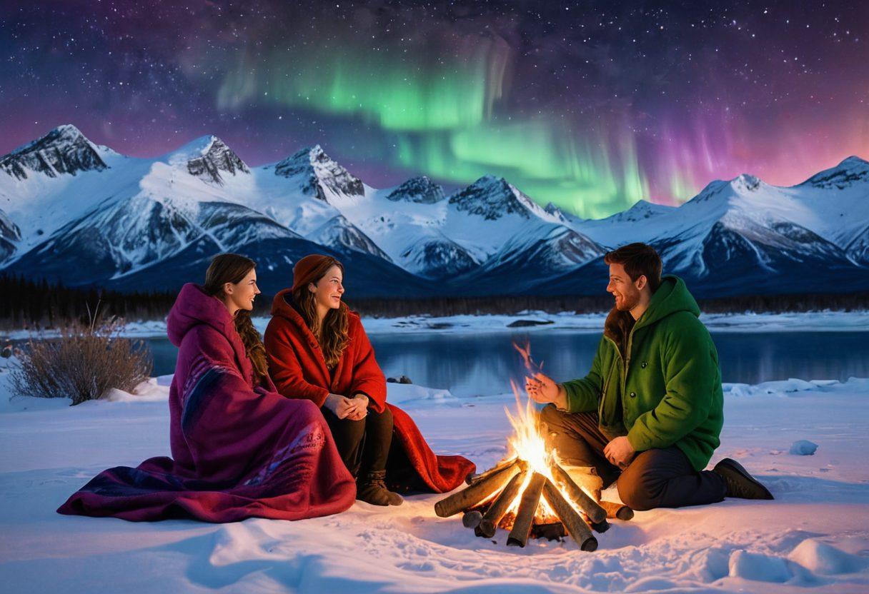 A romantic Alaskan landscape with a couple enjoying a picturesque winter date, surrounded by snow-covered mountains, Northern Lights illuminating the sky, and a warm campfire casting a soft glow. The couple is snuggled under a cozy blanket, smiling and holding hands. super-realistic. vibrant colors. white background.